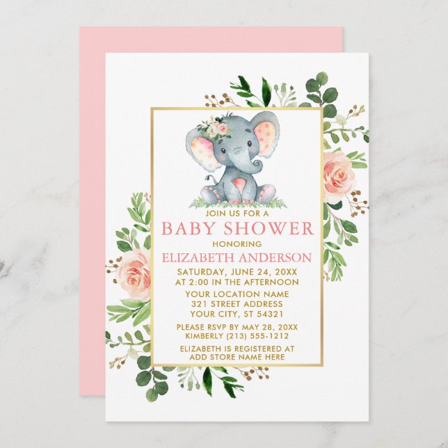 Rosa ros Greenery Elephant Baby Shower Guld Inbjudningar (Fram/baksida)
