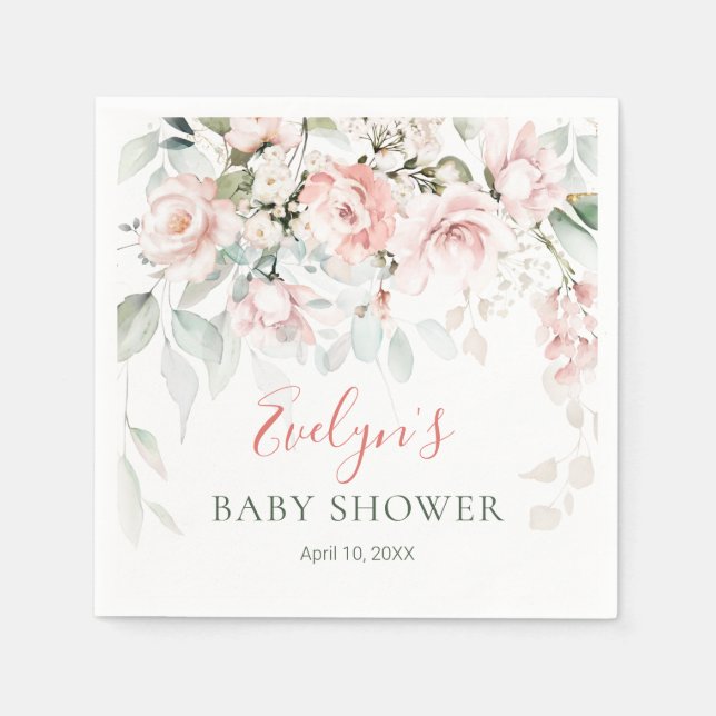 Rosa ros Greenery Foliage Baby Shower Pappersservett (Framsidan)