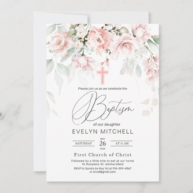 Rosa ros Greenery Foliage Kor Baptism Inbjudningar (Framsida)