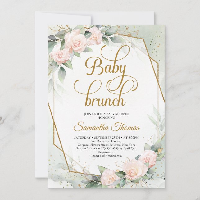  rosa ros grey och guld baby brunch inbjudningar (Framsida)