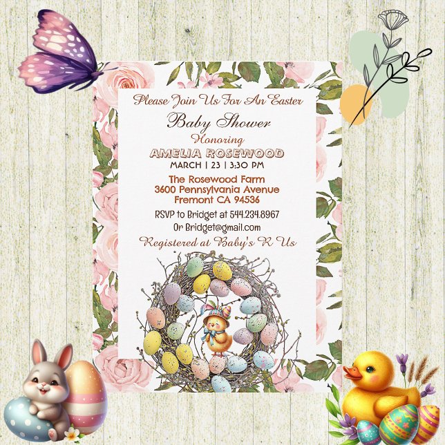Rosa ros Grey Påskägg Nest Chick Blommigt Inbjudningar (Pink Roses Greenery Easter Eggs Nest Chick Floral Invitation)