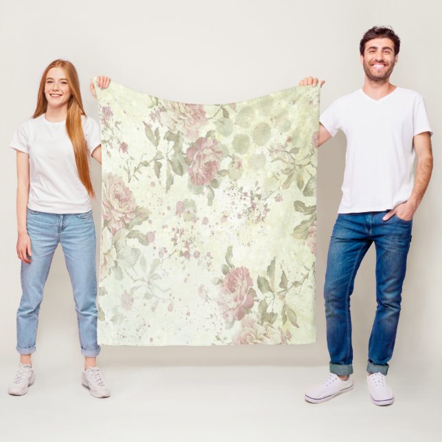Rosa Ros Grön Blommig Stuga Kärna Shabby Chic Fleecefilt (På plats)