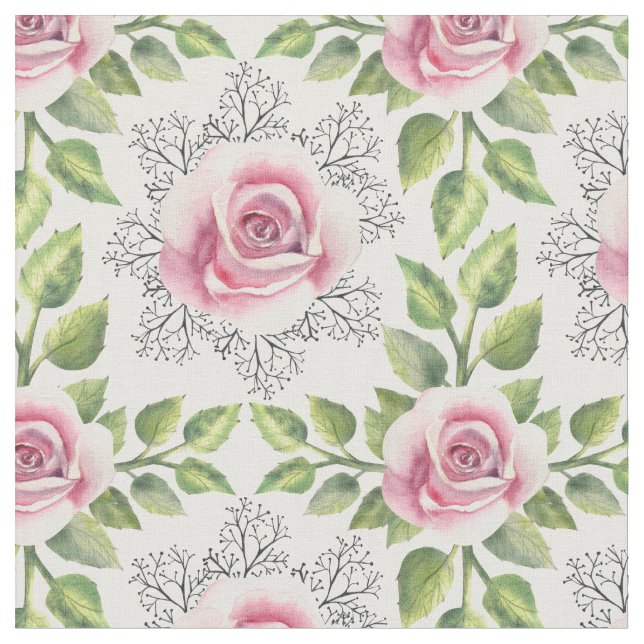 Rosa ros gröna blad Blommig Tyg (Närbild)
