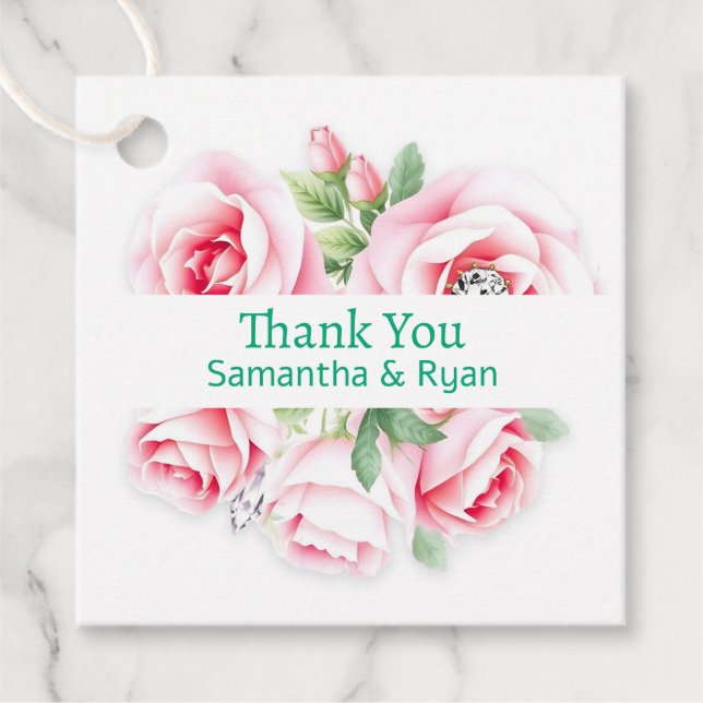 Rosa ros & Grönt Foliage Bröllop Tack Gåvor Etiketter (Framsida)