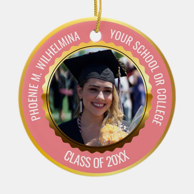 Rosa ros Guld 2 Photo Studenten, klass 2022 Julgransprydnad Keramik (Framsidan)