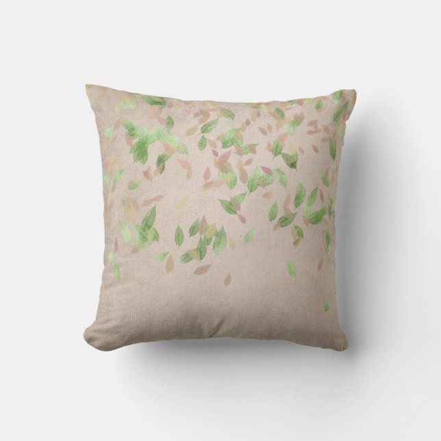 Rosa ros Guld Blad Mint Grönt Ivory Linen Kudde (Framsida)