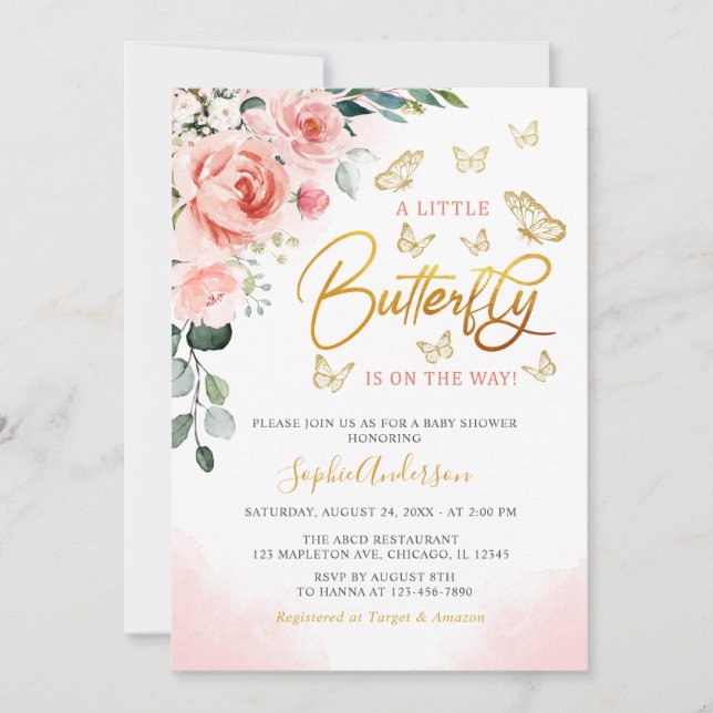  Rosa ros Guld Blommigt Butterfly Baby Shower  Inbjudningar (Framsida)