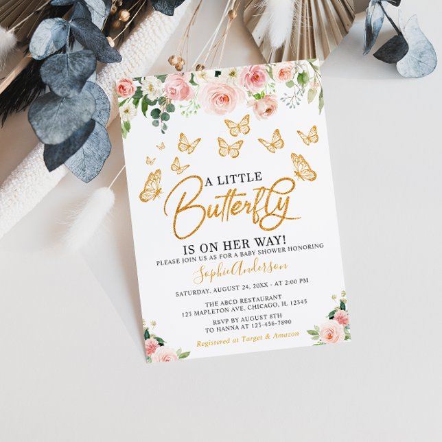  Rosa ros Guld Blommigt Butterfly Baby Shower Inbjudningar (Skapare uppladdad)