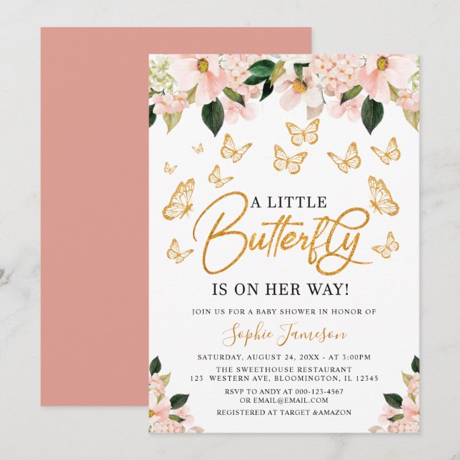  Rosa ros Guld Blommigt Butterfly Baby Shower  Inbjudningar (Fram/baksida)