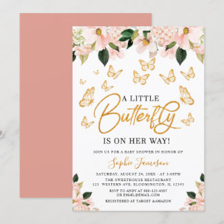 Rosa ros Guld Blommigt Butterfly Baby Shower Inbjudningar