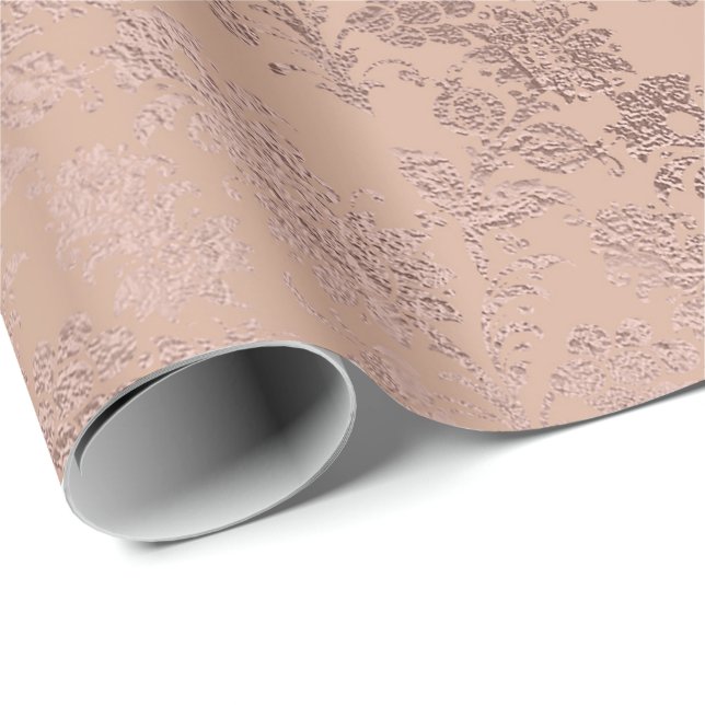 Rosa ros Guld Blommigt Delicat Damask Smala Powder Presentpapper (Rullad Hörn)