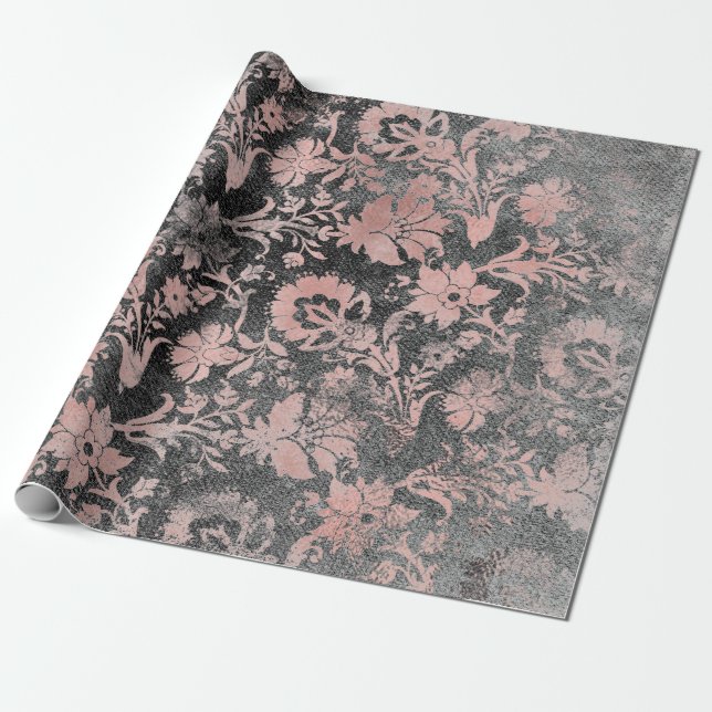  Rosa ros Guld Blommigt Powder Grungy Black Presentpapper (Utrullad)