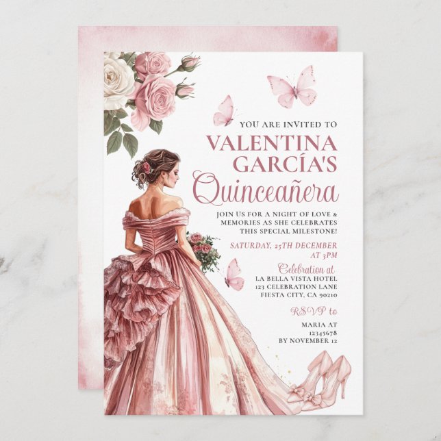 Rosa ros Guld Blommigt Quinceañera 15 Anos Inbjudningar (Fram/baksida)