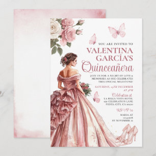 Rosa ros Guld Blommigt Quinceañera 15 Anos Inbjudningar