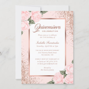 Rosa ros Guld Blommigt Quinceañera Inbjudningar