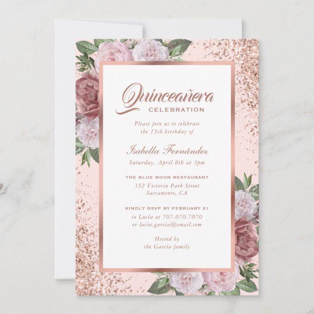 Rosa ros Guld Blommigt Quinceañera Inbjudningar (Framsida)