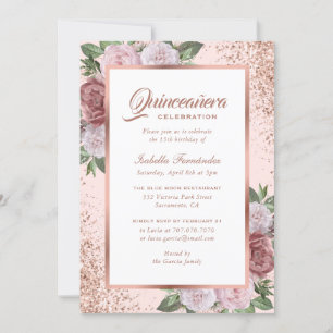 Rosa ros Guld Blommigt Quinceañera Inbjudningar
