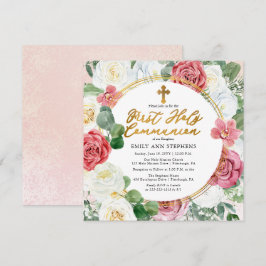 Rosa ros | Guld Blommigt Ram Första Heligan Kommit Inbjudningar