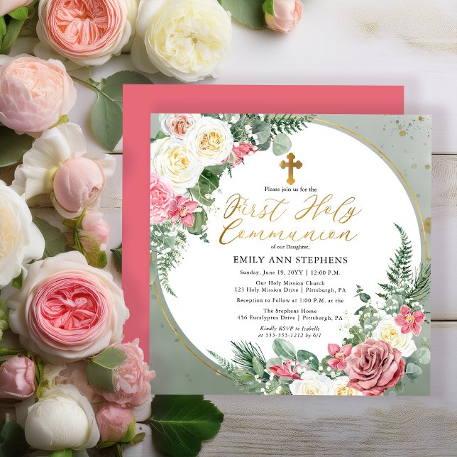 Rosa ros | Guld Blommigt Ram Första Heligan Kommit Inbjudningar (Elegant Pink Rose and Gold Tone Frame Girl First Holy Communion Invitation -Print | Digital Download)