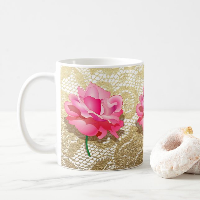 Rosa ros Guld Blommigt Snöre Kaffemugg (Med munk)