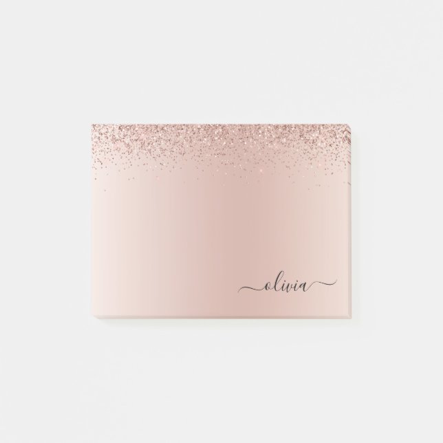 Rosa ros Guld Brushed Metall Monogram Namn Post-it Block (Framsida)