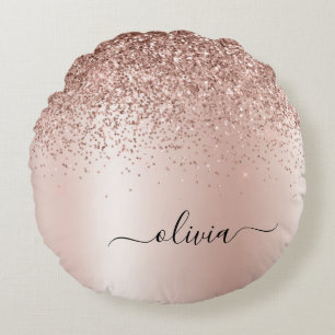 Rosa ros Guld Brushed Metall Monogram Namn Rund Kudde