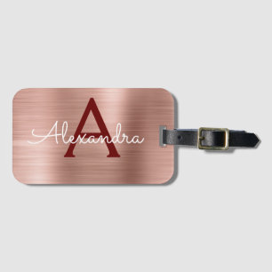 Rosa ros Guld Burgundy Metallic Monogram Namn Bagagebricka