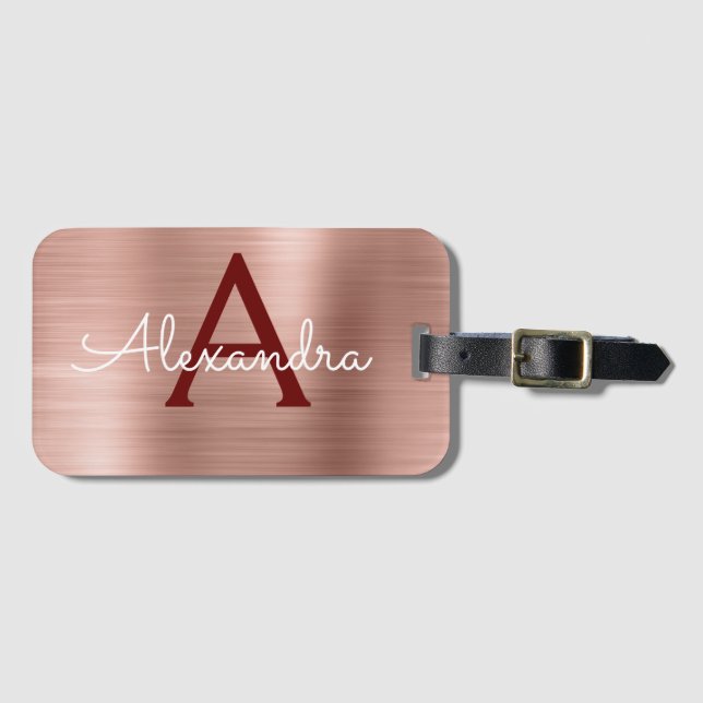 Rosa ros Guld Burgundy Metallic Monogram Namn Bagagebricka (Framsida horisontal)