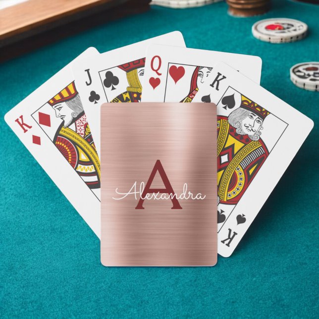 Rosa ros Guld Burgundy Stainless Steel Monogram Casinokort (Skapare uppladdad)