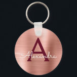 Rosa ros Guld Burgundy Stainless Steel Monogram Nyckelring<br><div class="desc">Rosa ros Guld och Burgundy Marsala Faux Stainless Steel Metallic Elegant Keychain. Dessa nyckelkedjor kan anpassas så att de omfattar ditt första och första namn. Dessa nyckelringar gör underbar födelsedag,  möhippa eller bachelorette-parti till fördel.</div>