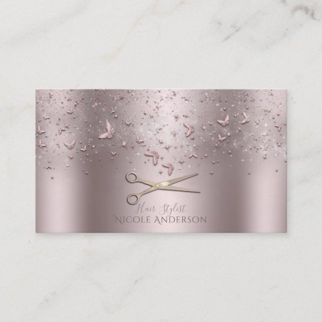 Rosa ros Guld Butterflies Silver Sissor Stylist Visitkort (Framsida)