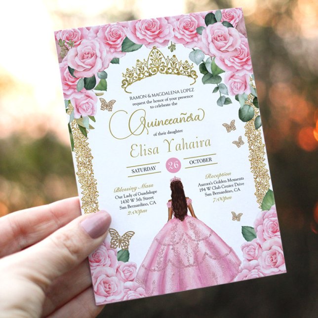Rosa ros & Guld Butterfly Princess Quinceanera Inbjudningar (Skapare uppladdad)