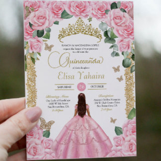 Rosa ros & Guld Butterfly Quinceanera Inbjudningar