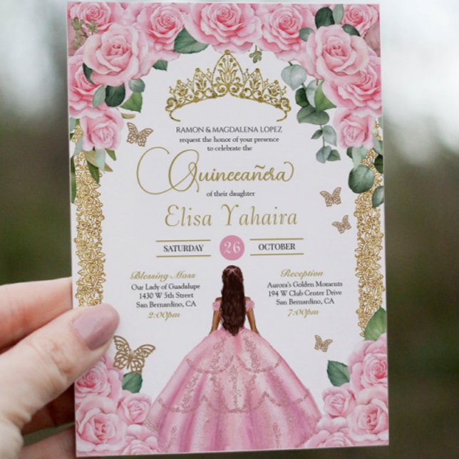 Rosa ros & Guld Butterfly Quinceanera Inbjudningar (Skapare uppladdad)