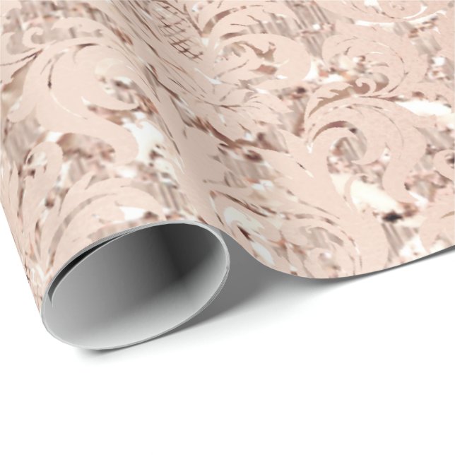 Rosa ros Guld Crystal Metallic Royal Damask Presentpapper (Rullad Hörn)
