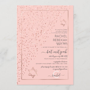 Rosa ros Guld--diagonalkonfetti Bat mitzvah Inbjudningar