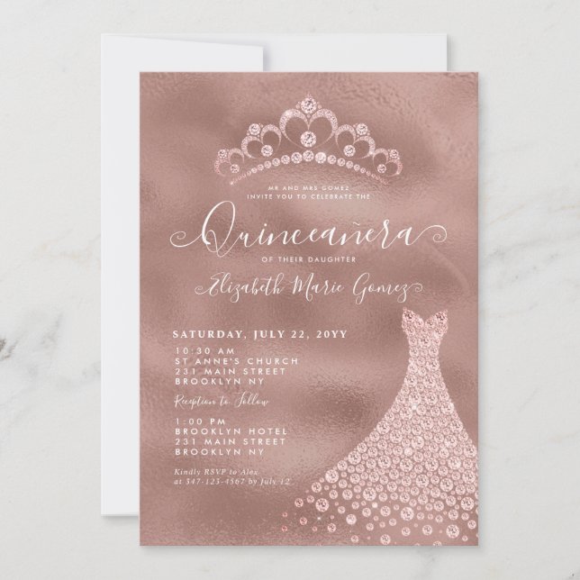 Rosa ros Guld Diamond Tiara Dress Quinceanera Inbjudningar (Framsida)