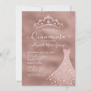 Rosa ros Guld Diamond Tiara Dress Quinceanera Inbjudningar