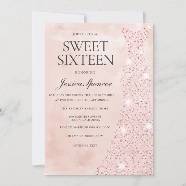 Rosa ros Guld Dress Glitter Sweet 16 Party Inbjudningar (Framsida)