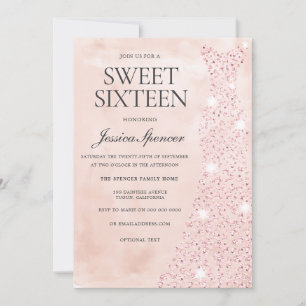 Rosa ros Guld Dress Glitter Sweet 16 Party Inbjudningar