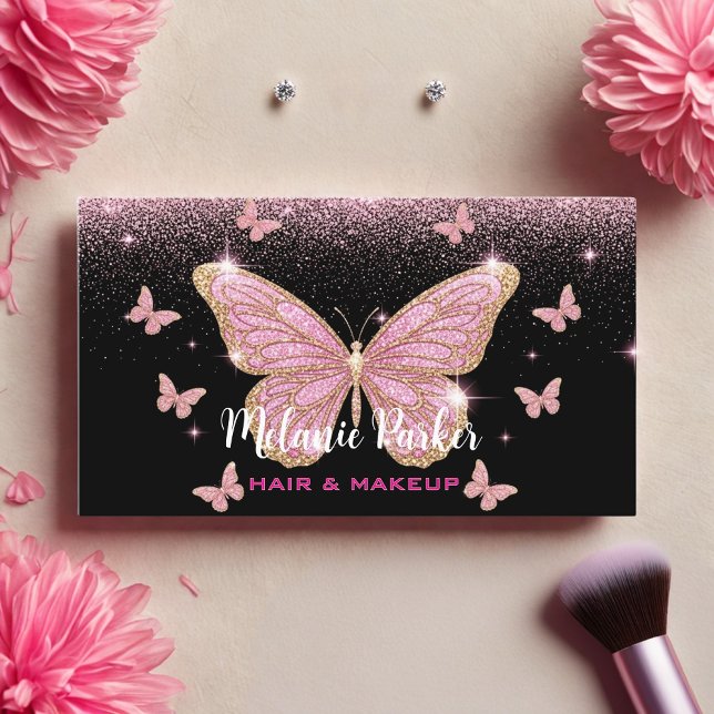 Rosa ros Guld Elegant Glitter Butterfly Visitkort (Skapare uppladdad)