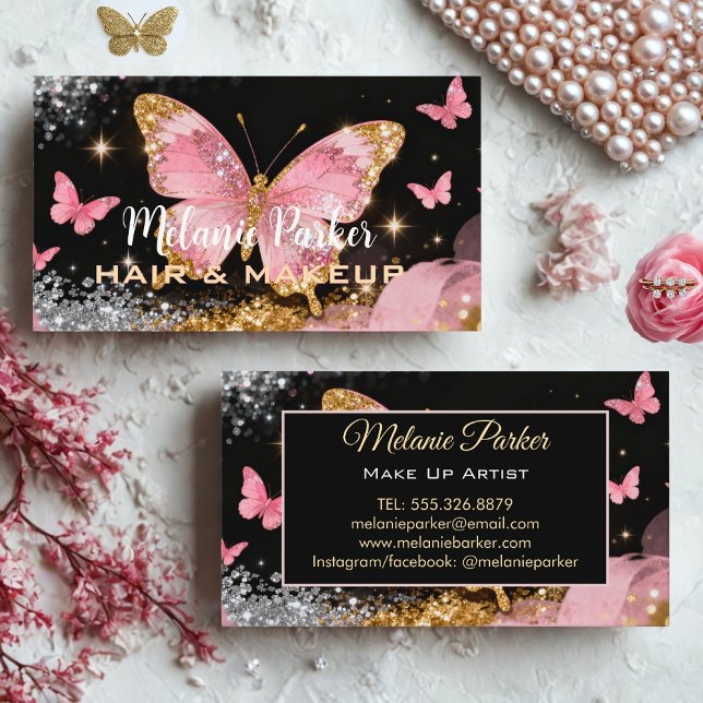 Rosa ros Guld Elegant Glitter Butterfly Visitkort (Skapare uppladdad)