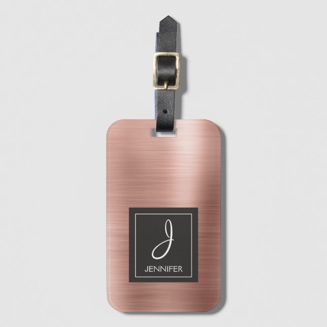 Rosa ros Guld Elegant Monogram Lugage Märkre  Meta Bagagebricka (Framsida vertikal)