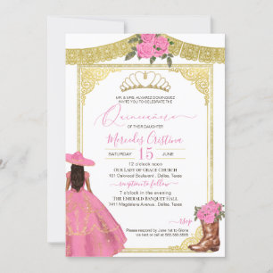 Rosa ros Guld Elegant Western Charro Quinceanera Inbjudningar