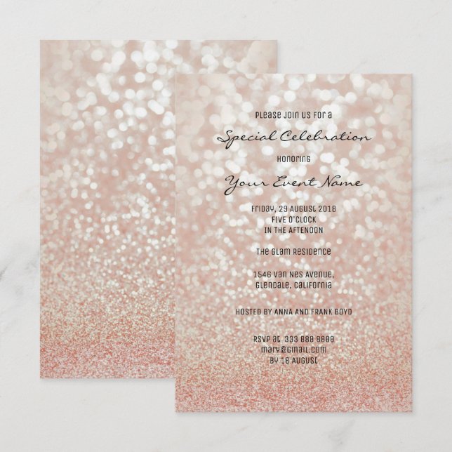 Rosa ros Guld Faux Glitter Silver, minsta formalit Inbjudningar (Fram/baksida)