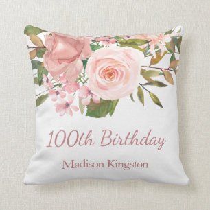 Rosa ros Guld Flowers 100:e Födelsedagsfest Gift Kudde