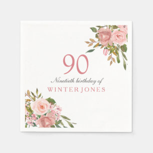 Rosa ros Guld Flowers 90:e Födelsedagsfest Napkins Pappersservett