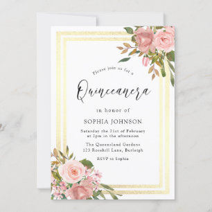 Rosa ros Guld Flowers Dubbla Gräns Quinceanera Inbjudningar