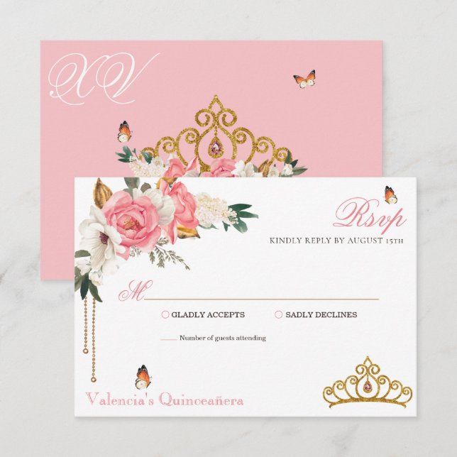 Rosa ros Guld Gemstone Tiara Quinceanera OSA Kort (Fram/baksida)