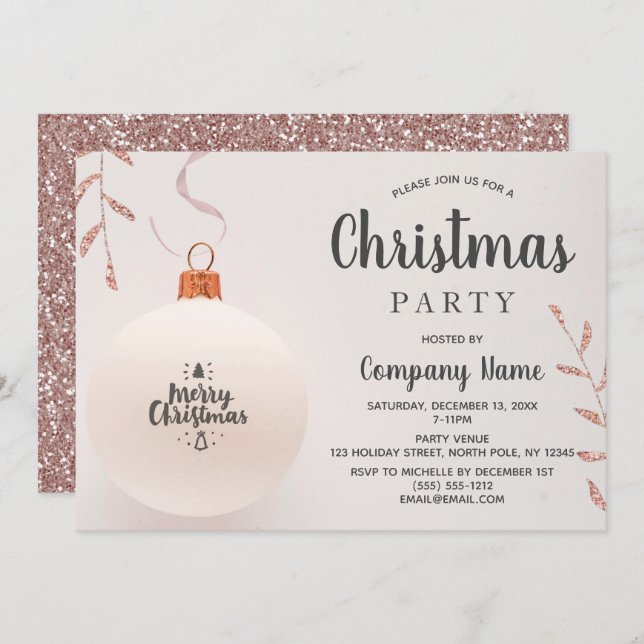 Rosa ros Guld Glitter Corporate Julfest Inbjudningar (Fram/baksida)